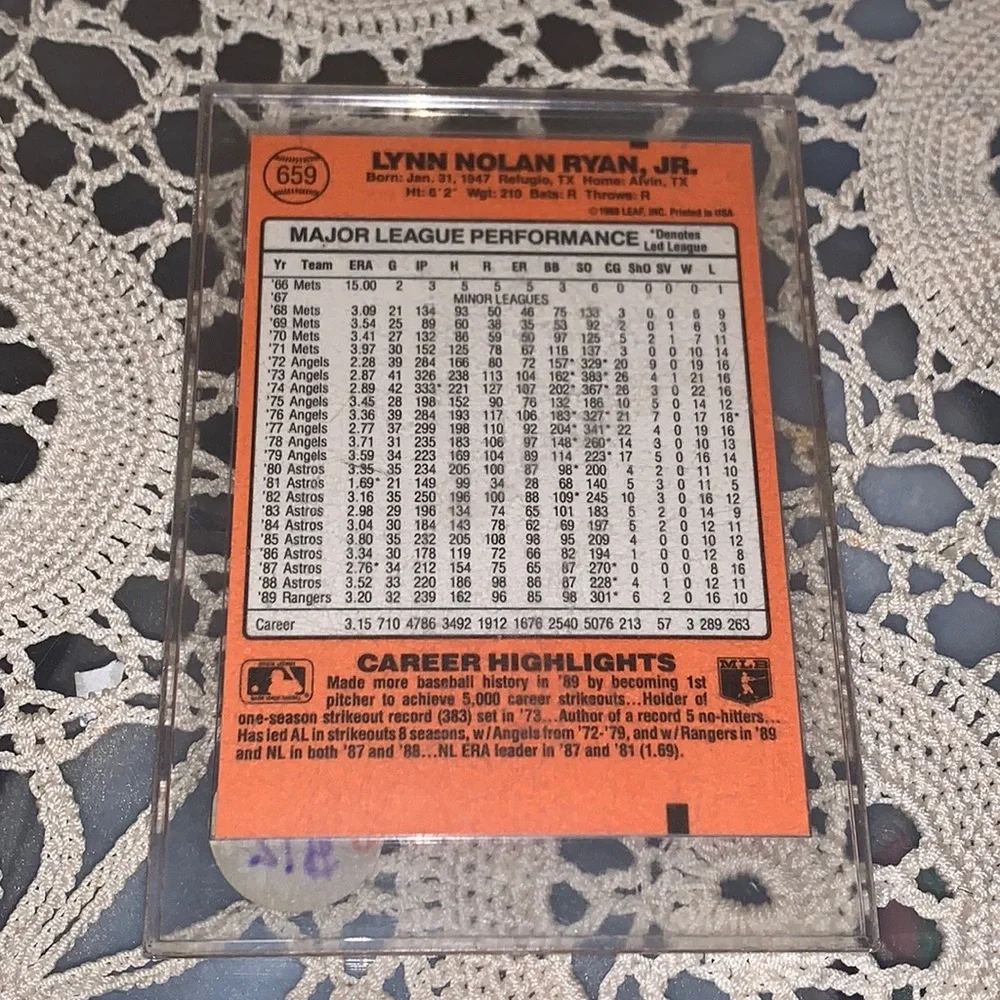 1989 Donruss Nolan Ryan Baseball Card marked by last owner “error”